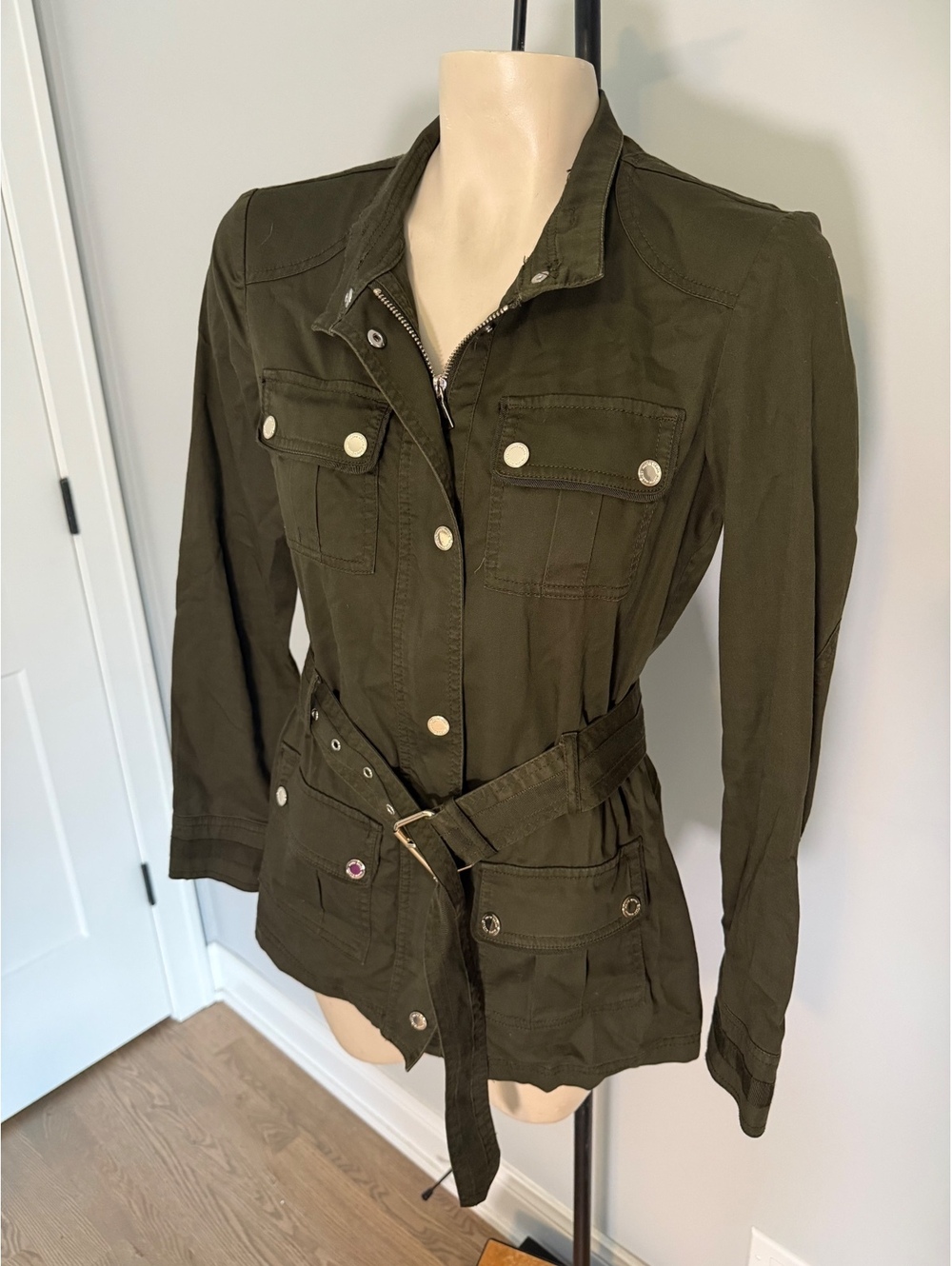 White House Black Market Olive Green Belted Utility Jacket Size 0 - Picture 2 of 14